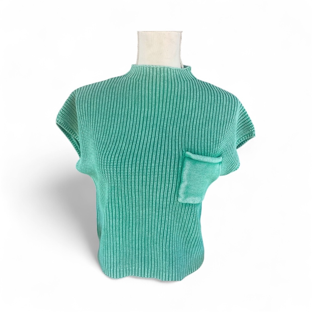 Zenana Kelly Green Washed Mock Neck Short Sleeves Sweater